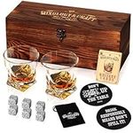 Mixology & Craft Whiskey Stones Gift Set - Pack of 6 Granite Chilling Rocks w/ 2, 10 oz Whiskey Glasses in Wooden Box - Whiskey Gifts for Men on Birthday, Father's Day, or Christmas