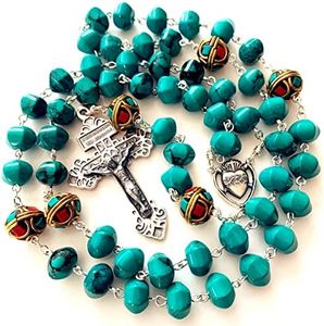 elegantmedical Turquoise TIBET COPPER BEADS STERLING 925 SILVER ROSARY NECKLACE Catholic
