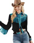 JOHN MOON Womens Fringe Western Long Sleeve Shirts Floral Embroidered Cowgirl Button Down Shacket Blouse Country Rodeo Outfit, Black, M