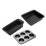 Xacton Bakeware Combo of 6 Carbon Steel Slot Muffin Tray with Square Cake Mould with Bread Loaf Pan for Microwave , Oven , OTG, Cooker