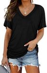 WIHOLL Womens Short Sleeve V Neck Dolman Tops with Side Shirring Loose Fit Shirts, 1-black, Large