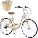 BALINGE 7 Speed 26 Inch Cruiser Bicycle with Basket，Beach Cruiser Bike for Women，26” Womans Bike Pink，Hybrid Cruiser Bike 7 Speeds Trek Hybrid Bike for Women,Lotus Pink（Beige）