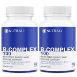 NEW B-COMPLEX 100 High Potency Capsules, 9 Complete B Vitamins - B1, B2, B3, B5, B6, B7, B9, B10, B12 for Men and Women, Reduced Stress, Improved Immune Support, Hair, Skin, Nail & Eye Health, and Brain Function – Gluten Free, Non-GMO, Vegan - (2 Pack) 60 Capsules