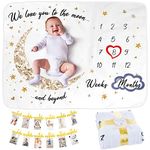 Baby Milestone Blanket With Birthday Photo Banner | Monthly Photo Mat for Boy or Girl, Unisex | Age Mat | Personalised Baby Shower Present for New Mums | Moon & Stars Theme | Includes Year Banner