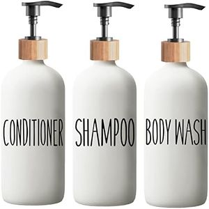 Shampoo and Conditioner Dispenser Set - Easy to Read Labels - Pump Bottle Dispenser for Shampoo, Conditioner, Body Wash - Glass Refillable Containers for Shower (White-Shower Set fo 3)