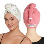 Turbie Twist Microfiber Hair Towel Wrap - for Women, Men & Kids - Travel & Bathroom Essential - Quick Dry Hair Turban for Curly, Long & Thick Hair - 2 Pack (Botanical, Coral)