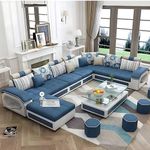 OXTEM ; The Furniture World U Shape 9 Seater Fabric Sofa Set with Tea Table & 4 Puffy 2 + 2 + 2 + 1 + 1 + 1 (Blue),Pre-Assembled (oxtem002)