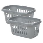 [Set of 2] - Large 60L Laundry Basket Hamper Plastic Hipster Clothes Washing Bedding Linen Storage - (Silver)