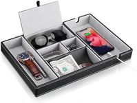 Mens Valet Box, Jewelry Storage Box for Men and Women, Leather Nightstand Organizer Box with 6 Compartments for Keys, Phone, Wallet, Coin, Jewelry (1 layer, black)