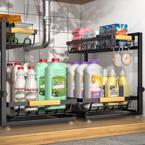 Sevenblue 2 Packs Under Sink Organizer, Height Adjustable 2 Tier Under Kitchen Sink Organizer, Multi-Purpose Storage Shelf for Kitchen Bathroom Cabinet (Black)