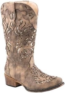 ROPER Womens Riley Glitz Snip Toe Casual Boots Mid Calf Low Heel 1-2" - Off White, Brown, 7 US