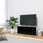 SONOROUS ST-110 Premium TV Stand for Living Room - Luxury Wood & Glass TV Console with 4 Shelves - Modern Media Furniture with Hidden Wheels - White TV Table Support up to 65" - Black Wood Cover