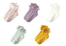 Toddler Girls Double Ruffle Lace Trim Cotton Socks Eyelet Frilly Dress Socks 5-Pack, Age 6-8T