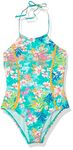 Hobie Girls' High Neck Halter One Piece Swimsuit, Sea Breeze//Tropical Tie Dye, 7 Big Kids