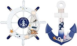 2 Pack 28 CM Nautical Wooden Ship Wheel and 28 CM Wood Anchor with Rope Nautical Beach Boat Steering Rudder Wall Decor Door Hanging Ornament Beach Theme Home Decoration(Blue&White)