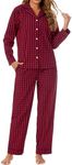 LUBOT 100% Cotton Pajamas for Women 2PC PJ Set Soft Pajama Set Woven Long Sleeve Button-Down Two Piece Printed Sleepwear Loungewear Set (Blue Red Plaid, M)