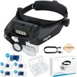 eSynic Headband Magnifier Professional 1X to 14X Head Magnifying Glass With Light Rechargeable Headset Magnifying Glasses With 3 LEDS &5 Detachable Lenses for Reading, Craft Work, Hobbies, etc