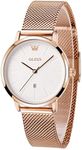 OLEVS Rose Gold Wristwatches for Women Large Face Stainless Steel Analog Watch Women with Date Fashion Slim White Womens Watches Mesh Band Waterproof Ladies Watches for Small Wrists Reloj para Mujer