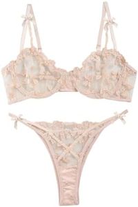 Lilosy Sexy Underwire Cute Push Up Strappy Embroidered Mesh Sheer Lingerie Set See Through Panty Bra, Bow Beige