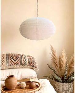 Auradecorly Oval Hanging Lamp Shade Off-White 20 Inches (50 Cm) Can replace Oval Paper Lanterns Linen Pendant Light Shade Handmade Fabric Light Covers Home Decor Ceiling Lampshade