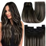 YoungSee 135G Clip in Hair Extensions Ombre Black Clip in Hair Extensions Human Hair Blend of Black and Silver with Black Roots Clip on Human Hair Extensions Hair Extensions Clip ins with Lace 16Inch