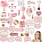 16th Birthday Photo Booth Props Kit,38PCS Rose Gold Photobooth Props,16th Party Props Birthday Party Selfie Props Kit with Sticks for Girls,Her,Happy 16th Birthday Party Decorations Supplies Favors