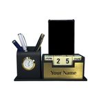 Giftana Personalized Pen Stand with Name,Table Watch,Table Calendar,Customized Desk Organizer With Wooden, Pen Stand for Doctors,Office Desk & Study, Diwali Corporate Gift for Employee (Gold)