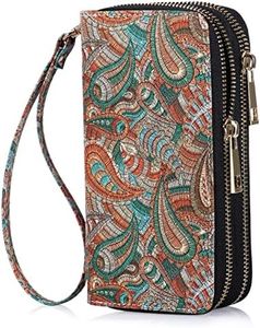HAWEE Double Zipper Wallet for Woman Clutch Purse with Cell Phone Holder for Smart Phone/Card/Coin/Cash, Coffee Paisley, 6.9*3.5*1.9 inch, Casual