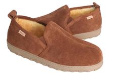 PEDOQU Men's Slippers Mens Slip on Shoes Indoor Outdoor Warm House Slippers Genuine Suede Upper Sheepskin Insole Lining Memory Foam Rubber Outsole, Allspice, 11