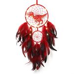 LOMOHOO Dinosaur Dream Catcher for Kids, Feather Dream Catchers with LED Light, Handmade Home Decor Wall Hanging with Double Ring for Nursery Boy Bedroom Birthday Gift(red)