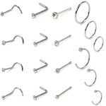 VANANA Nose Studs Rings Hoop Set, Stainless Steel Nose Studs Nose Screw Nose Hoop Rings CZ Nose Piercing Jewelry for Women Men, Pack of 18 Pieces