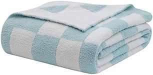 Bearberry Fuzzy Checkerboard Grid Throw Blanket Knitted Soft Cozy Warm Microfiber Blanket Decor for Couch Sofa Bed Travel Home (Baby Blue, 50''x60'')