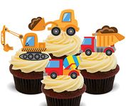 Made4You Diggers and Trucks, Kids' Construction Vehicles Mix, Edible Cupcake Toppers - Stand-up Wafer Cake Decorations (Pack of 12)