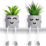 Artificial Plants Indoor, Fake Succulent Plants with Hanging Leg, Plant Pots with Creative Emotional Cement, Faux Plants Home Decor for House Office Bedroom Living Room Table Desk Shelf (2Pcs)