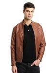 Amazon Brand - Symbol Polyester Men's Solid Full Sleeves Regular Fit Biker Waist Length Jacket (Aw23-Sy-Jk-26_Tan_L), Large