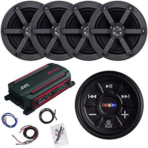 JVC 4-Channel 600 Watt Max Compact Marine Digital Amplifier Bundle Combo with Waterproof Bluetooth Audio Receiver, 4X 6.5 100 Watt Peak Power 2-Way Black Boat Audio Speakers, Wiring Kit