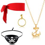 4 Pcs Pirate Costume Adult Pirate Accessories Set Includes Pirate Eye Patches Pirate Bandana Womens Earrings Pirate Hat for Kids Pirate Necklace for Halloween Supplies (Red, Gold, Anchor Style)