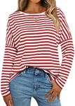 AUTOMET Women Fall Long Sleeve t Shirts Oversized Outfit Clothes Tops Striped Cute Tshirts Fashion 2024 Basic Cotton Tees T-Shirts Casual Loose Fit Clothing Striped Red XL