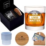 Old Lives Matter Whiskey Glass Set in Gift Box, Funny unique Gifts for Dad, Father, Papa, Husband, from Wife - 10 Oz Old Fashioned Glass and Ice Ball Mold and Coaster and Gift Card