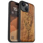 Carveit Magnetic Wood Case for iPhone 15 Case [Solid Wood & Black Soft TPU] Shockproof Protective Cover Unique Wooden Case Compatible with magsafe (Viking Compass Vegvisir -Walnut)