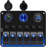 FXC Waterproof Marine Boat Rocker Switch Panel 6 Gang with 3.1A Dual USB Slot Socket + Cigarette Lighter +LED Voltmeter with Overload Protection for Car Rv Vehicles Truck (6 Gang Blue LED)