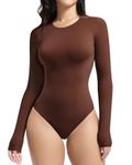 YIANNA Bodysuit for Women Long Sleeve Body-Hugging High Stretch Soft Thong Body Suits Leotard Top Jumpsuit Cocoa M 5275