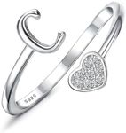 MILACOLATO 925 Sterling Silver Ring 18K White Gold Plated Initial Heart Rings Adjustable Capital Letter Initial Rings for Women Stackable Thumb Pinky Rings Valentine's Day Jewelry Trendy Stuff, C