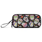 Fisyme Sugar Skull Floral Pencil Case Large Capacity Pen Box Makeup Pouch Holder Organizer Stationery Bag for School Office College Traval Adults