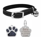 Genuine Leather Cat Collar with Safety Elastic & Bell with Personalised Engraved 27mm Glitter Paw Print Shape Tag… (Black)