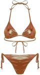 TiaoBug Women's Metallic Shiny Halter Padded Triangle Self Tie Bikini Bathing Suits 2 Piece Bikini Swimsuits Brown Large