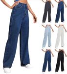 FQZWONG Wide Leg Jeans Woman, Womens Spring Fashion 2025 Baggy High Waisted Long Sweatpants Plus Size Solid Straight Trousers with Pockets Trendy Versatile Vintage Draped Jean (Dark Blue,5XL)