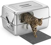 Ptlom Enclosed Stainless Steel Litter Box for Large Cats, Leak-Proof Metal Cat Toilet with Lid, Ventilated Top Opening Covered Cat Pan High Sided Walls, Scoop & Litter Mat, 27.7" x 19.8" x 15.1"