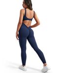 VOYJOY Women Backless Scrunch Butt Jumpsuits One Piece U-Neck Bodycon Leggings Yoga Rompers V-Back Playsuit, Navy Blue, Medium