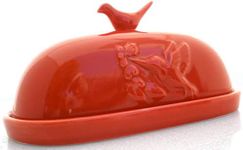 JBK Pottery Hummingbird Butter Dish with Lid Cover, Large, Kitchen Countertop or Refrigerator Storage for Single or Double Sticks, Vintage Farmhouse Ceramic Dishware, Red